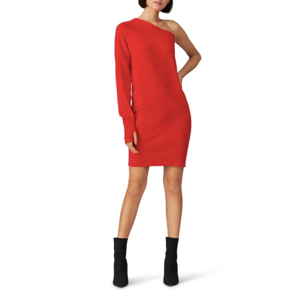 KF KaufmanFranco One Sleeve Knit Dress Small Red Off Shoulder Sweater